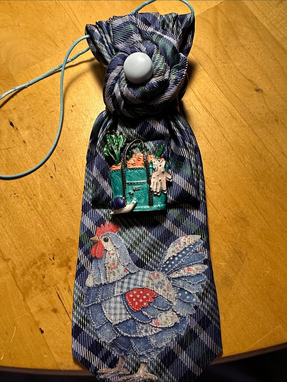 Haspel Silk Necklace Tie with Blue and Green Plaid and a Chicken Applique